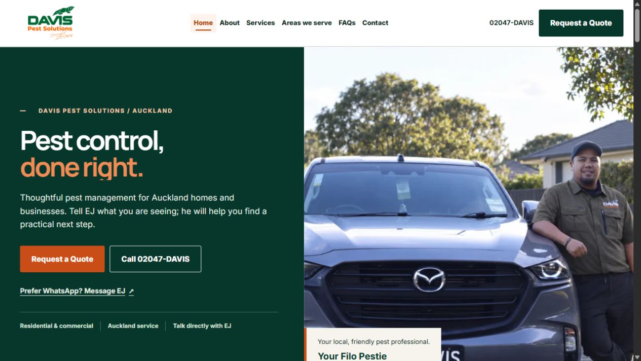 Davis Pest Solutions homepage with owner beside service vehicle